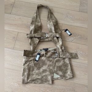 Pretty Little Thing Tan faux leather Halter Top and Skirt Set with Belt
